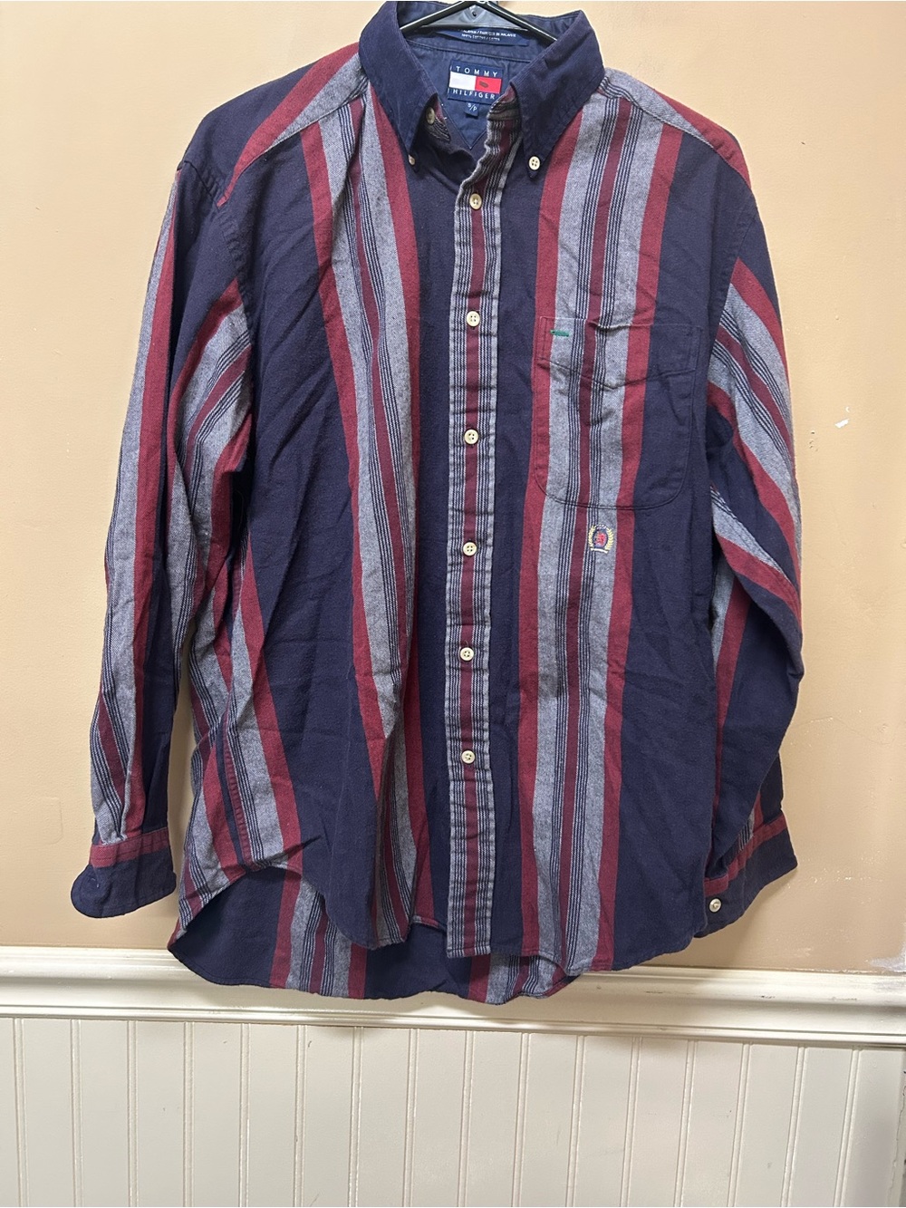 Vtg 90s Tommy Hilfiger Striped Flannel Cordury Collar Button-Down Shirt Sz Small